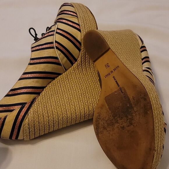 Tabitha Simmons Tie Striped Oxford Wedge Pink/Navy - Picture 5 of 7